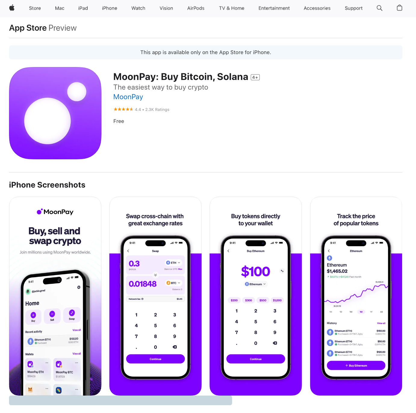 A screenshot of the MoonPay app in the App Store